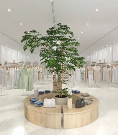 Showroom thời trang phong cách Minimalist với bục kệ gỗ tự nhiên và cây xanh trung tâm