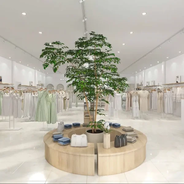Showroom thời trang phong cách Minimalist với bục kệ gỗ tự nhiên và cây xanh trung tâm