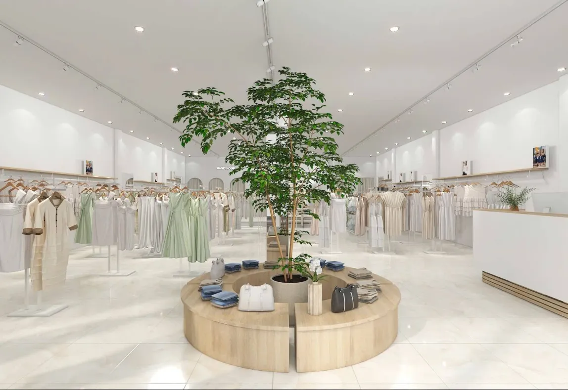 Thiết Kế Nội Thất Showroom Thời Trang — Minimalist Biophilic Showroom thời trang phong cách Minimalist với bục kệ gỗ tự nhiên và cây xanh trung tâm